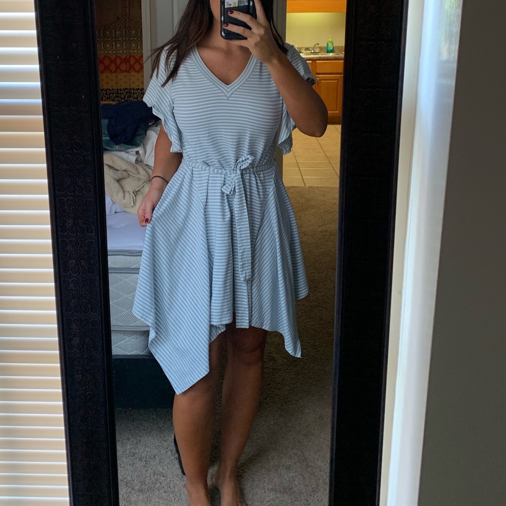 Blue and white striped dress